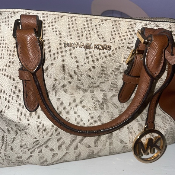 Michael Kors Brown and Ivory MK Logo Satchel with Gold Hardware - Picture 4 of 6
